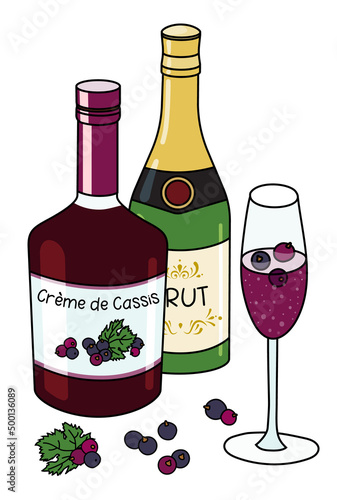 Doodle cartoon kir royal cocktail and ingredients composition. A bottle of brut sparkling wine, Creme de Cassis blackcurrant liqueur and berries. For bar menu, stickers or alcohol cook book recipe.