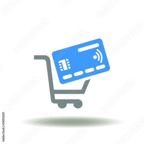 Vector illustration of shopping basket with payment card. Icon of buying, paying, purchase. Symbol of PCI DSS payment card industry data security standard. photo