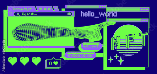 Computer screen with of user interface elements and bitcoin sign. Conceptual illustration of the NFT or Non-fungible token.