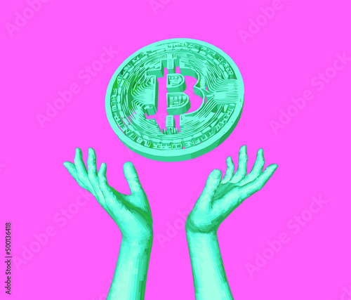 3D illustration of a bitcoin cryptocurrency coin in futuristic retrowave style.
