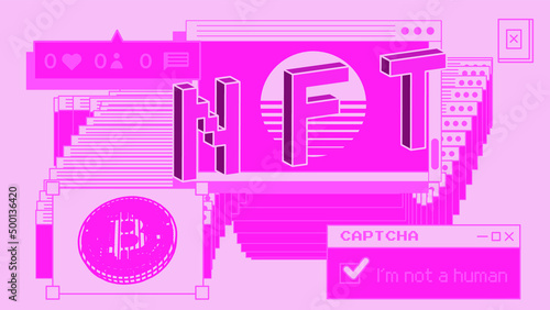 Computer screen with of user interface elements and bitcoin sign. Conceptual illustration of the NFT or Non-fungible token.