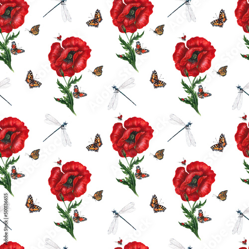 Seamless pattern; red poppies, green leaves, buds, summer insects dragonfly , butterfly. Design with hand drawn by watercolor natural elements for wrapping paper, textile, wallpaper. photo