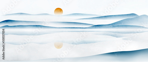 Watercolor art background in oriental style with blue mountains and hills. Minimalistic ink banner for wallpaper design, decor, print