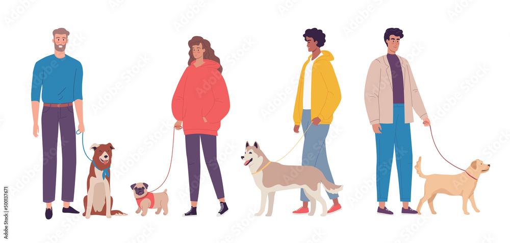 Young people walking with their cute dogs. Cartoon characters design