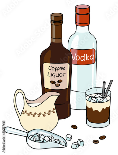 Doodle cartoon White Russian cocktail and ingredients composition. Bottles of vodka and coffee liqueur, jug of cream and ice scoop. For bar menu, stickers or alcohol cook book recipe.