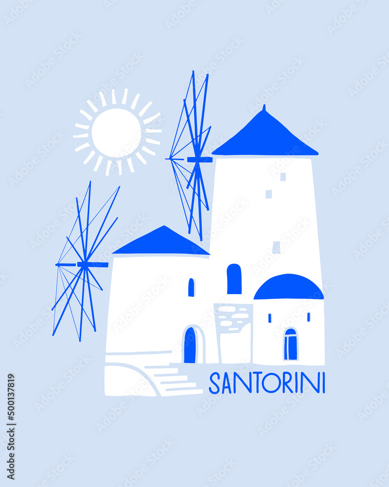 Traditional white windmill with a blue roof. Mediterranean landscape. Santorini island, Greece. Design element for souvenir products. Vector illustration isolated.