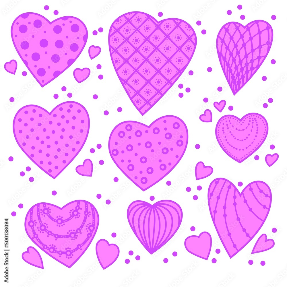 Lilac magenta pink hearts with patterns on a lilac background. Set of isolated hearts for Valentine's Day. Festive background. Collection of elements for holiday design and creative ideas.