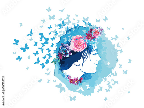 Profile of a young girl with peonies in her hair. Hand drawn vector fashion illustration . Female portrait of magic floral fairy. Fantasy, Beauty, fashion, tattoo design.