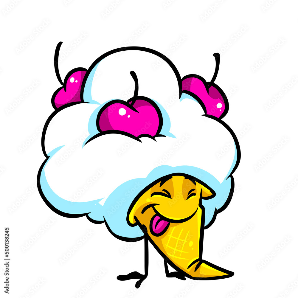 Ice cream waffle cone cream berries cherries joke character rest cartoon illustration Ice cream waffle cone cream berries cherries joke character rest cartoon illustration