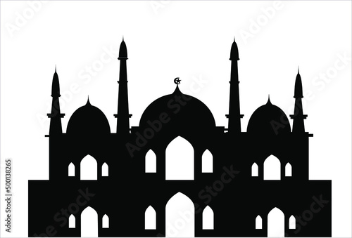 islamic greeting design background with two gold lantern.  Vector illustration for use in banners, web, posters and e-business. silhouette of mosque background