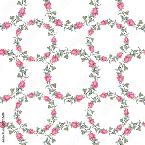 Seamless pattern with watercolor circle frame border template for design. Flower pink rose and leaves isolated on white background. Hand-drawn summer plant. Copy space. Art for wedding invitation © NatashaKun
