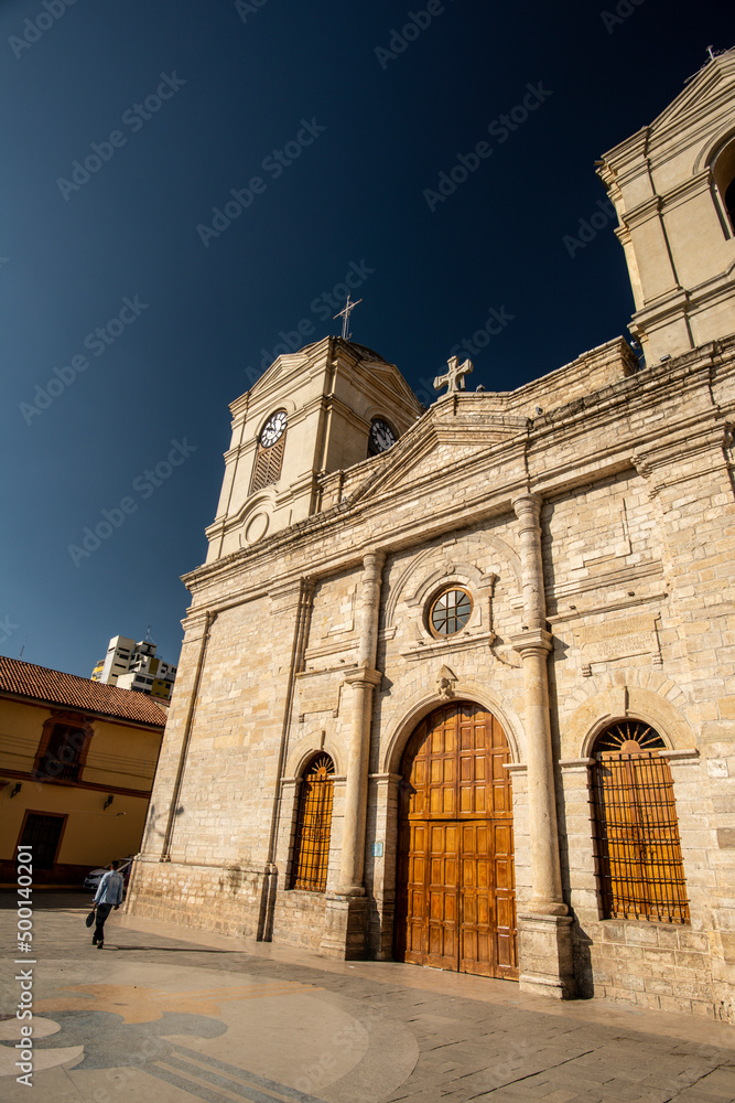 Huancayo, Junin, Peru: Facade of the Cathedral church of Huancayo with blue sky