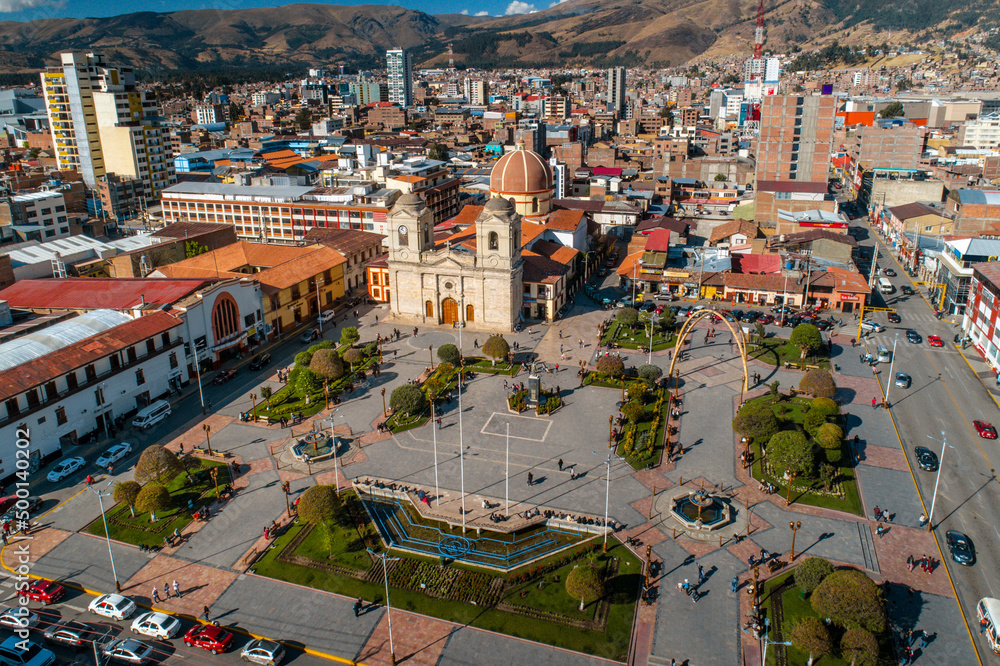 Huancayo, Peru Aerial pananoramic view of the main square park of