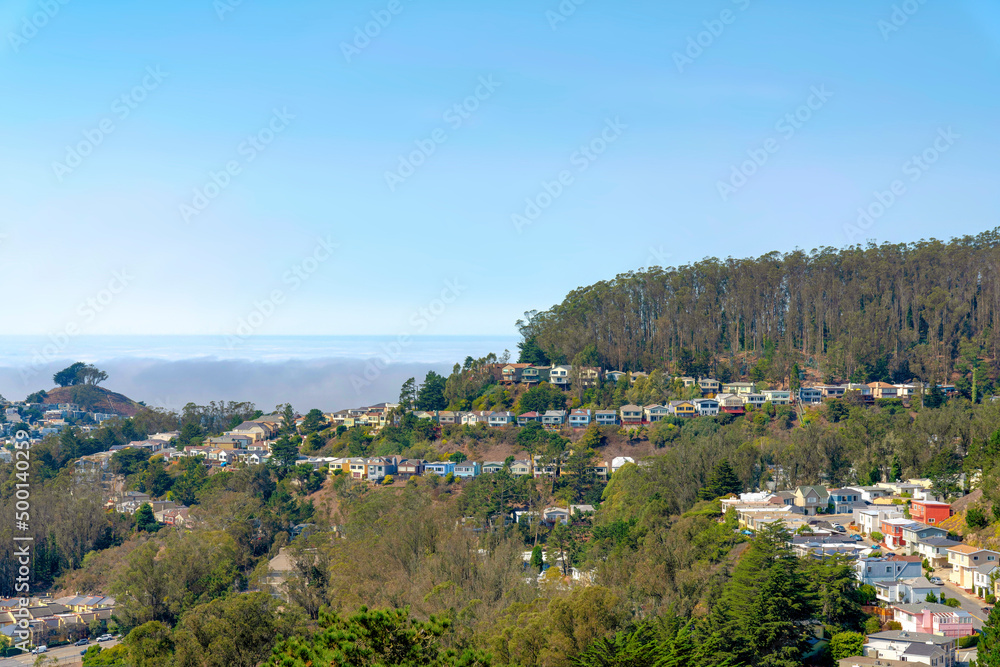 Row of colorful houses at the suburban neighborhood in San Francisco, California