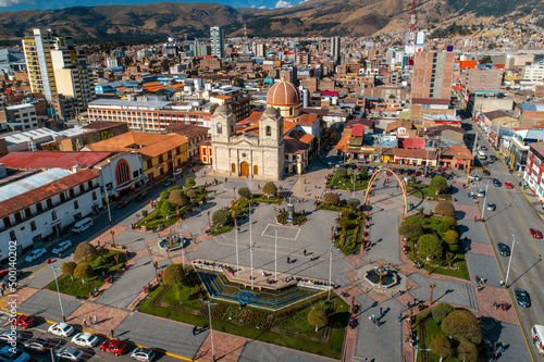 Huancayo, Peru: Aerial pananoramic view of the main square park of Huancayo city photo