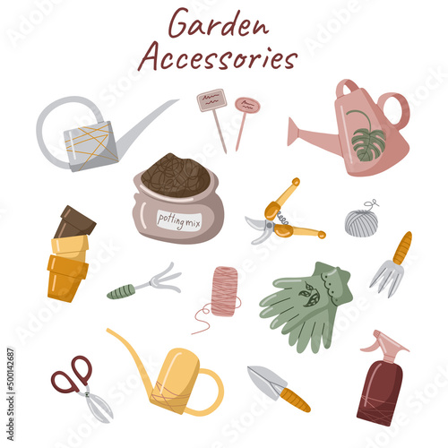 Set hand drawn vector isolated elements of home gardening and gardening. Garden accessories. Home gardening. Color image on a white background.