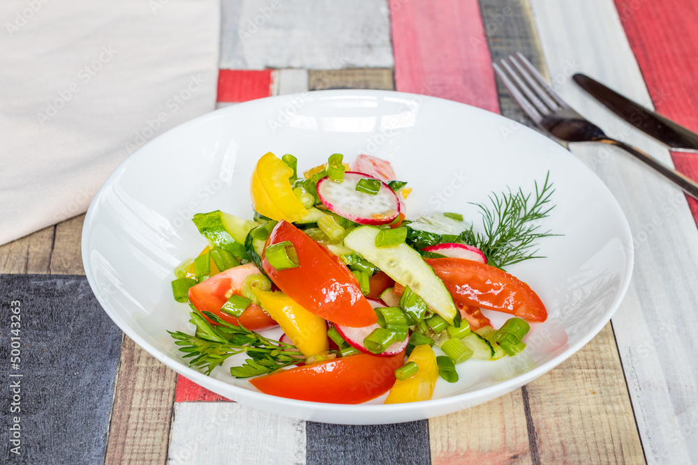 Vegetable salad with tomatoes and cucumbers on the bowl Vegetable salad with tomatoes and cucumbers on the bowl