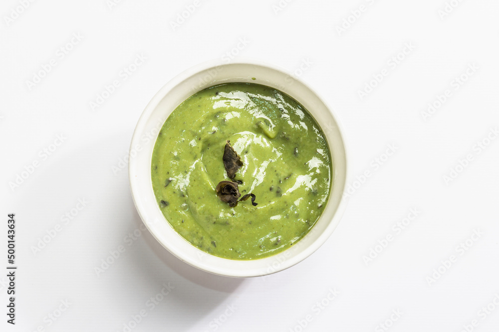 Kelp puree isolated on white background. Healthy superfood from oceanic seaweed Kelp puree isolated on white background. Healthy superfood from oceanic seaweed