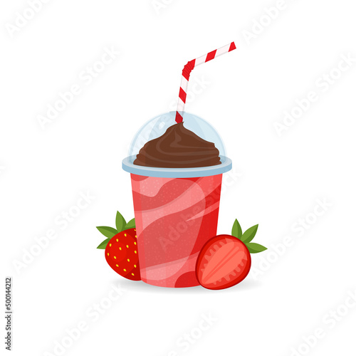 Fresh strawberry smoothies or milk shake in plastic cup with cocktail tube on white background.