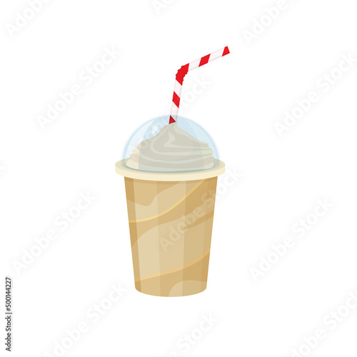Coffee chocolate milk shake in plastic cup with cocktail tube on white background