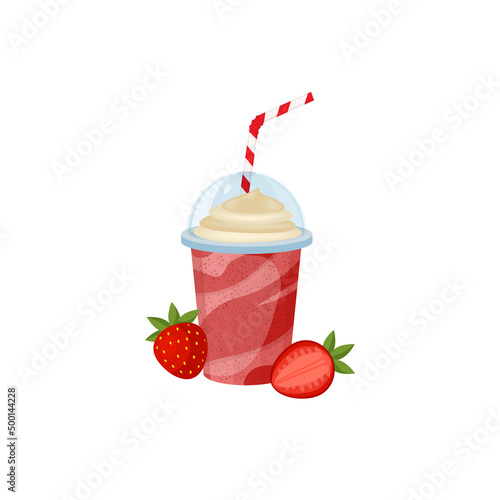 Fresh strawberry smoothies or milk shake in plastic cup with cocktail tube on white background.