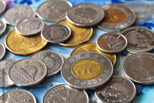 Closeup macro Canadian money coins dollars and cents