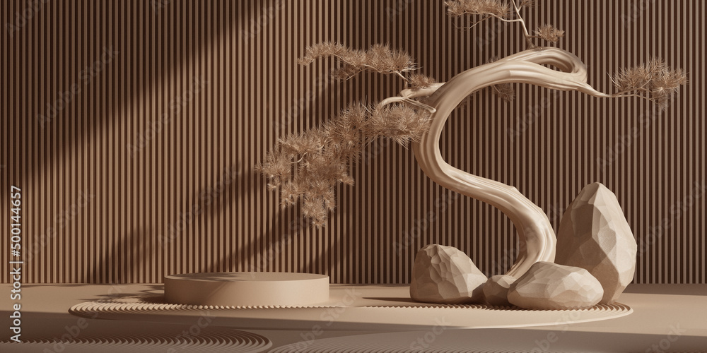 Fototapeta japanese style decorative product background. nature light podium and bonsai tree with brown background for product presentation. 3d rendering illustration.