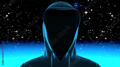 Fototapeta Naklejka Na Ścianę i Meble -  Anonymous hacker with black color hoodie in shadow under particle horizon of the observable universe. Dangerous criminal concept image. 3D CG. 3D illustration. 3D high quality rendering.