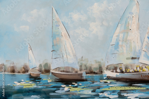 Fotografia Fragment of oil painting on canvas depicting sailing boats over water oil painting on canvas