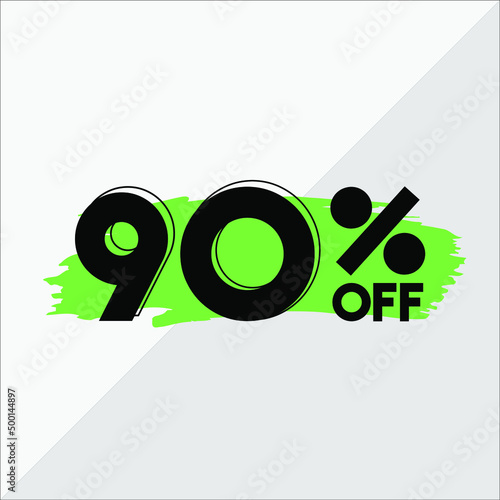 90 percent discount. White banner with green brush for promotions and offers