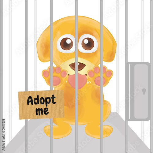 Cute sad doggy in a dog cage Pet adoption Vector