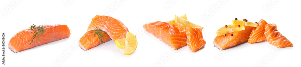 Set of raw salmon fillets with spices and lemon on white background