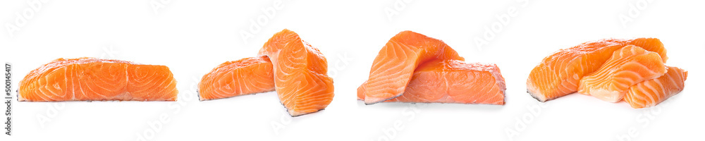 Set of raw salmon fillets on white background