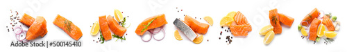 Set of raw salmon fillets with spices and lemon on white background, top view