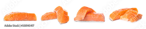 Set of raw salmon fillets on white background