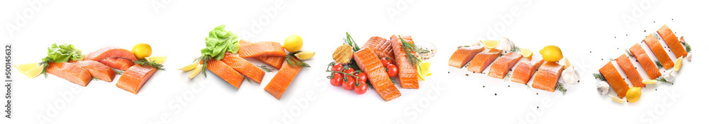 Set of salmon fillets with spices and lemon on white background