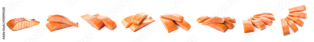 Set of salmon fillets on white background