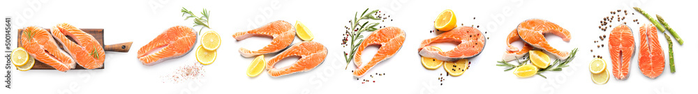 Set of raw salmon steaks with spices and lemons on white background, top view Set of raw salmon steaks with spices and lemons on white background, top view