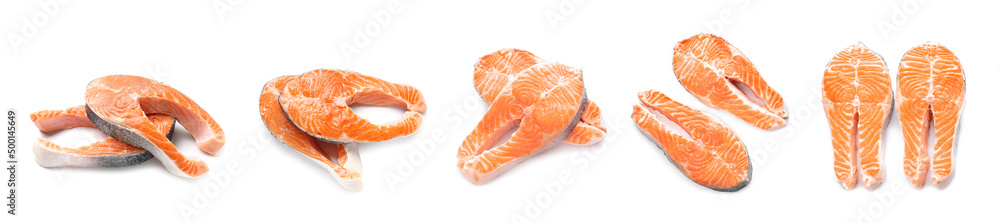 Set of raw salmon steaks on white background Set of raw salmon steaks on white background