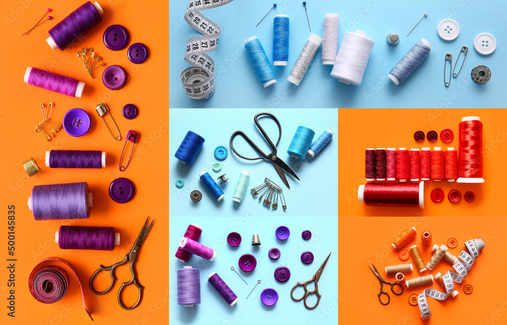 Thread spools, measuring tape, scissors and buttons on orange background Thread spools, measuring tape, scissors and buttons on orange background