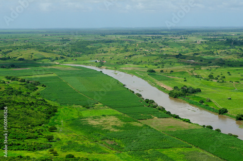 Agriculture advances and clears the riparian forest of the Paraiba River in Sobrado, Paraiba, Brazil on July 2, 2008. Aerial view.