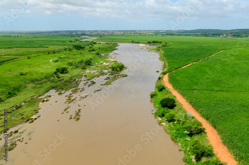 Agriculture advances and clears the riparian forest of the Paraiba River in Sobrado, Paraiba, Brazil on July 2, 2008. Aerial view. photo