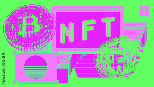 Computer screen with of user interface elements and bitcoin sign. Conceptual illustration of the NFT or Non-fungible token.