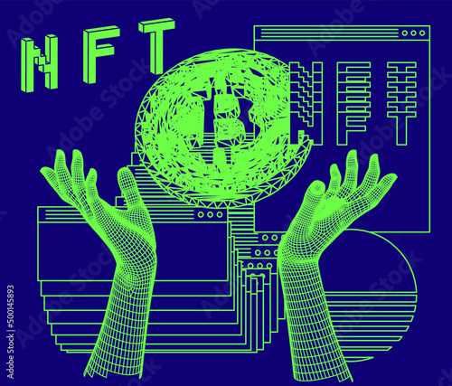 Computer screen with of user interface elements and bitcoin sign. Conceptual illustration of the NFT or Non-fungible token.