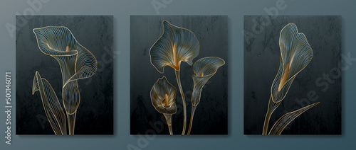 Botanical black and white background with calla flowers in gold art line. Vector set of floral art prints for decor, interior design, poster