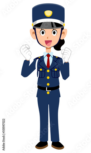 ガッツポーズする女性警備員
