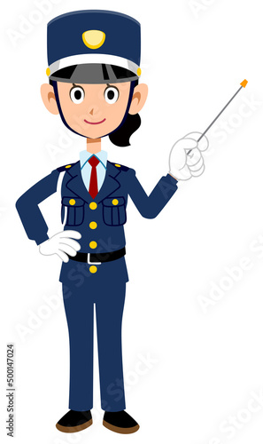 指し棒を持って説明する女性警備員
