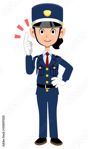 人差し指を立てて案内する女性警備員
