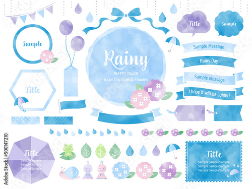 梅雨の水彩風イラストとフレームのセット / あじさい,雨,傘,初夏,植物,あしらい