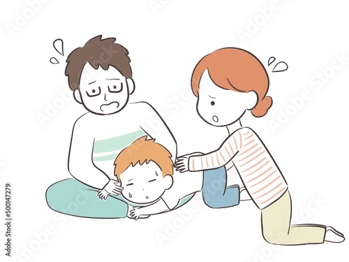 ぐったりした子供に焦るパパとママ